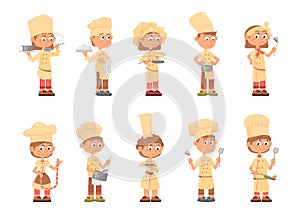 Kids cooking. Chef child, kid cook cartoon characters. Funny emotional children, professional waiter. Isolated kitchen