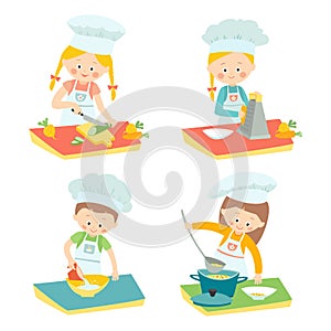 Kids cooking. Children on a culinary class. Little chefs. Vector hand drawn eps 10 clip art illustration isolated on