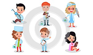 Kids In Costumes With Green Cross Depicting Different Medical Professions In Vector Illustration Set Isolated On White