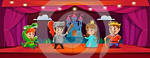 Kids in costumes on a stage of a school theater. Children\'s play illustration