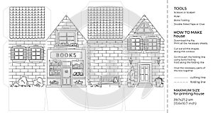 Kids craft paper house coloring page. Cut and glue cartoon 3D toy doll house. Printable template