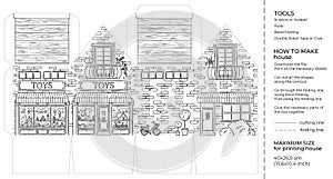 Kids craft paper house coloring page. Cut and glue cartoon 3D toy doll house. Printable template