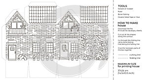 Kids craft paper house coloring page. Cut and glue cartoon 3D toy doll house. Printable template