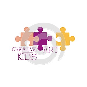 Kids Creative Class Template Promotional Logo With Puzzle Pieces, Symbols Of Art and Creativity