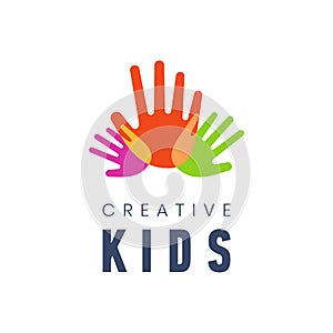 Kids Creative Template Logo Vector Illustration. Colorful Hand Palms On White Background