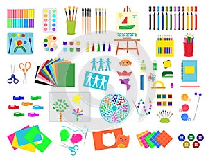 Kids creativity creation symbols artistic objects for children creativity handmade work art vector illustration.