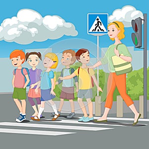 Kids crossing road with teacher. Vector illustration. photo