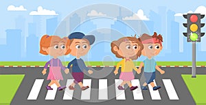Kids on crosswalk. Kid street crossing, student on road. Green traffic light, safety in town. Cartoon children walk