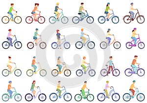 Kids cycling icons set cartoon vector. Kid bike