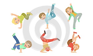 Kids Dancing Break Dance Set, Boys and Girls Performing Modern Dance Vector Illustration