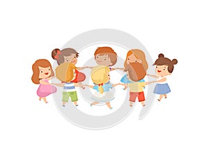 Kids Dancing in Circle Holding Hands, Cute Happy Boys and Girls Playing Together Cartoon Vector Illustration