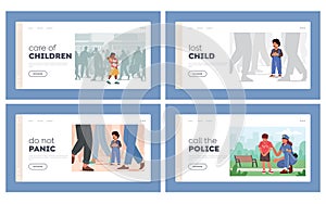 Kids in Danger Landing Page Template Set. Child Get Lost in Public Place, Scared Baby Crying and Search Mother in City