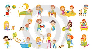 Kids Day with Little Boy and Girl Playing Toys, Walking, Waking Up, Eating Breakfast and Bathing Vector Set