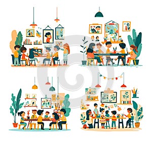 Kids development scenes cartoon vector illustrations. Childrens boys girls characters drawing painting study together