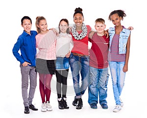 Kids with different clothes standing together