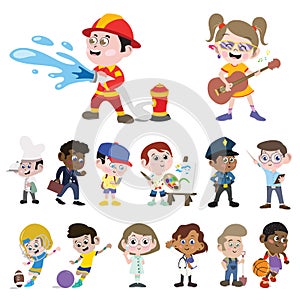 Kids in different professions. Big Vector Set with 14 Kindergarten Preschool Boys & Girls Dress as Different Professionals