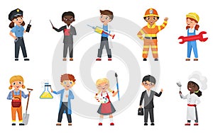 Kids in different professions and poses set, cartoon flat happy child characters wearing uniform