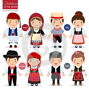 Kids in different traditional costumes (Greece, Italy, Portugal,