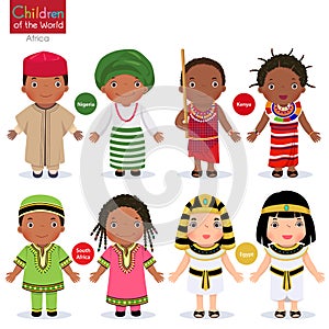 Kids in different traditional costumes. Nigeria, Kenya, South Africa, Egypt. photo