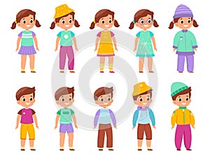 Kids different wearing. Boys and girls in diverse colorful outfits, children and teenagers various modern clothes, young photo