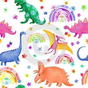 Kids dinosaur seamless pattern. Chidish design with fantastic dino, flowers, rainbows. Watercolor jurassic repeated