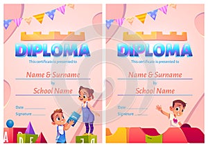 Kids diploma, cartoon certificate with children