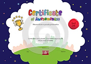 Kids Diploma or certificate of awesomeness template with cartoon photo
