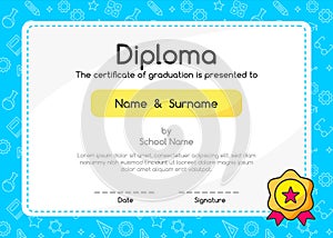 Kids Diploma certificate in cute style background template layout design