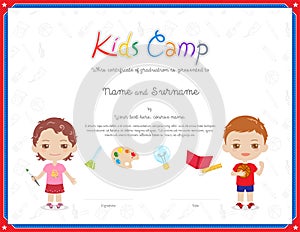 Kids Diploma or certificate template with colorful background for kid camp