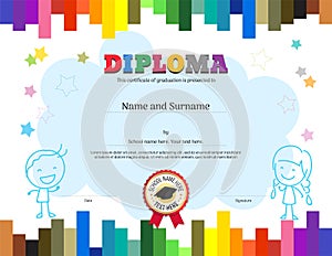 Kids Diploma or certificate template with colorful stripe background