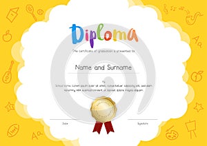 Kids Diploma or certificate template with hand drawing cartoon s