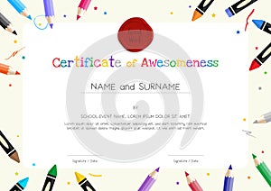 Kids Diploma or certificate template with painting stuff border photo