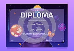 Kids diploma with ufo saucer and planets in space