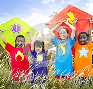 Kids Diverse Playing Kite Field Young Concept