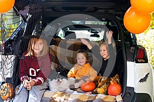 Kids dog celebrating Halloween in car trunk. Autumn holidays