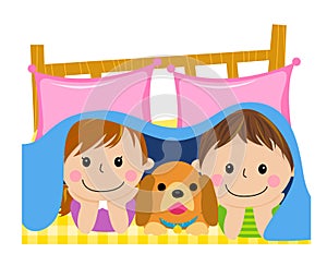 Kids and dog in the quilt