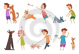 Kids with dogs. Happy children playing hugging their funny pets vector cartoon puppy dog domestic animals
