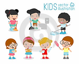 Kids doing cleaning, kids washing and cleaning house, children members doing different chores illustration.