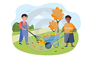 Kids doing housework chores, raking falling leaves