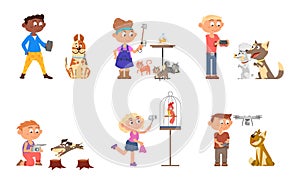 Kids doing photos. Children with pets, cartoon young digital photographers. Isolated cute boy girl with dogs, cats