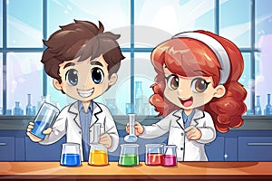 Kids Doing a School Chemical Experiment in Laboratory, School Chemistry Education, Generative AI Illustration