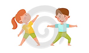 Kids doing yoga in different yoga poses. Boy and girl doing sports exercises cartoon vector illustration