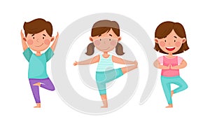 Kids doing yoga in different yoga poses. Cute children doing sports exercises cartoon vector illustration