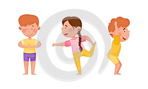 Kids doing yoga in different yoga poses set cartoon vector illustration