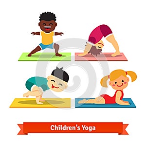 Kids doing yoga poses on colorful mats