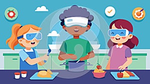 Kids donning virtual reality headsets creating culinary masterpieces without the mess and chaos of a real kitchen