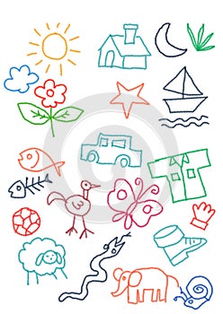 Kids doodle color-full random object crayon icon collection. car, sun, home, butterfly, snake