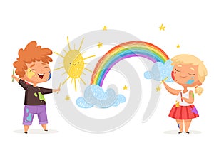 Kids draw rainbow. Happy little artists painting sun clouds vector funny childrens