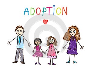 Kids Drawing. Adoptive family. Vector illustration