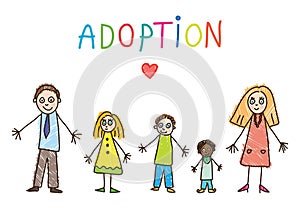 Kids Drawing. Adoptive family. Vector illustration